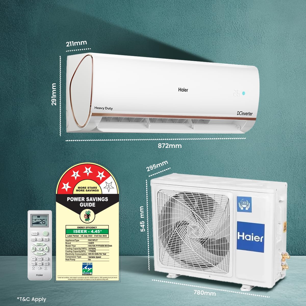Haier 1 Ton 4 Star Smart Split AC (3470W, Copper, Wi-Fi, 4-Way Swing, 7 in 1 Convertible, Anti Bacterial Filter, Cools at 60°C Temp, 20 Mtr. Air Throw - HSU13K-PYFR4BN-INV, White)