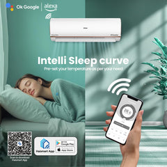 Haier 1 Ton 4 Star Smart Split AC (3470W, Copper, Wi-Fi, 4-Way Swing, 7 in 1 Convertible, Anti Bacterial Filter, Cools at 60°C Temp, 20 Mtr. Air Throw - HSU13K-PYFR4BN-INV, White)
